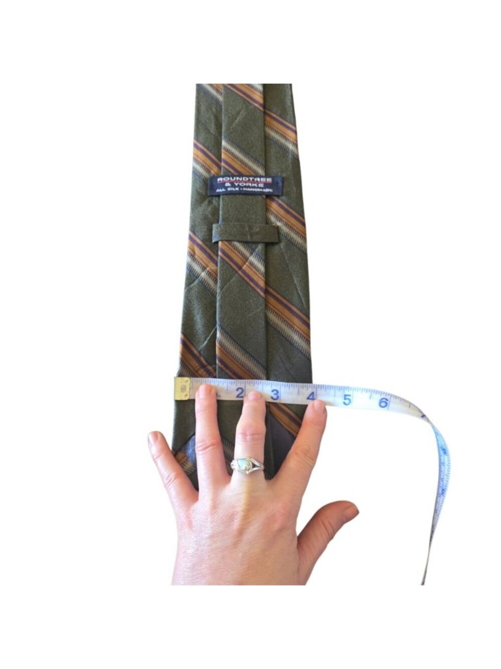 Roundtree & Yorke Vintage Silk Tie Ivy Prep Olive Green Striped Handmade USA - Picture 9 of 11